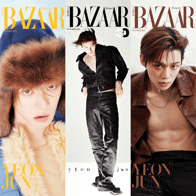Full set of three Harper's Bazaar Korea October 2026 covers (A, B, C) featuring TOMORROW X TOGETHER's Yeonjun laid out side by side, 'Beyond the White' concept, glossy Korean fashion magazine, 210×297×15mm each